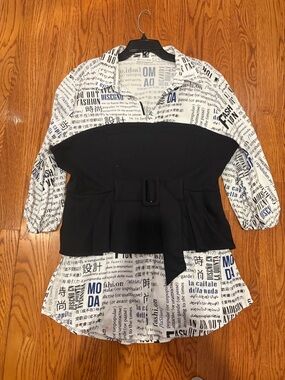 7th Avenue Design Black and White Text-Print Layered Button-Front Shirt